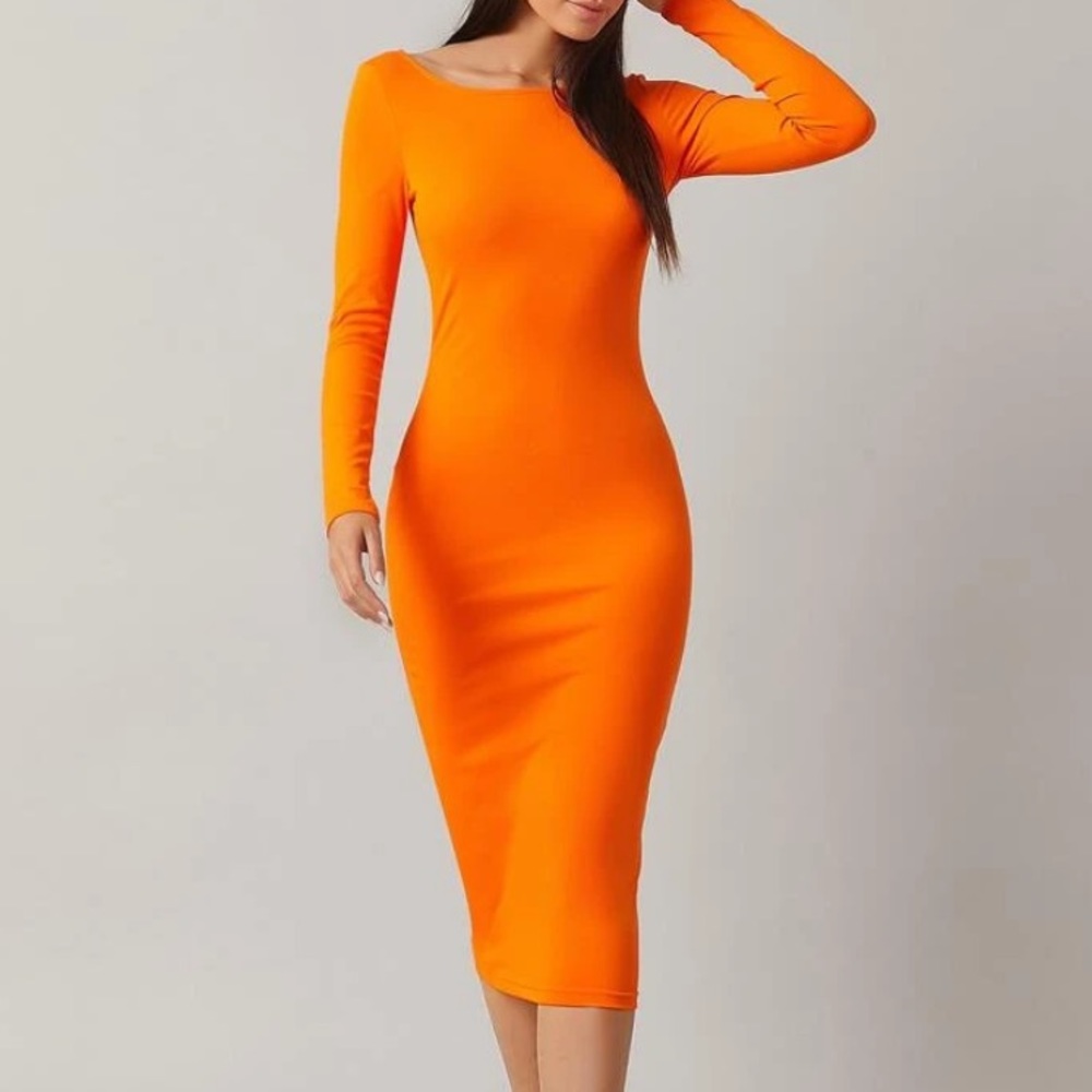Neon Orange Boat Neck Form Fitted Dress